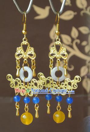 Chinese Tang Dynasty Empress Jade Ear Accessories Ancient Queen Wu Meiniang Golden Earrings