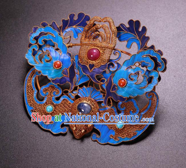 China Ancient Qing Dynasty Court Empress Gems Hairpin Traditional Handmade Filigree Bat Hair Crown