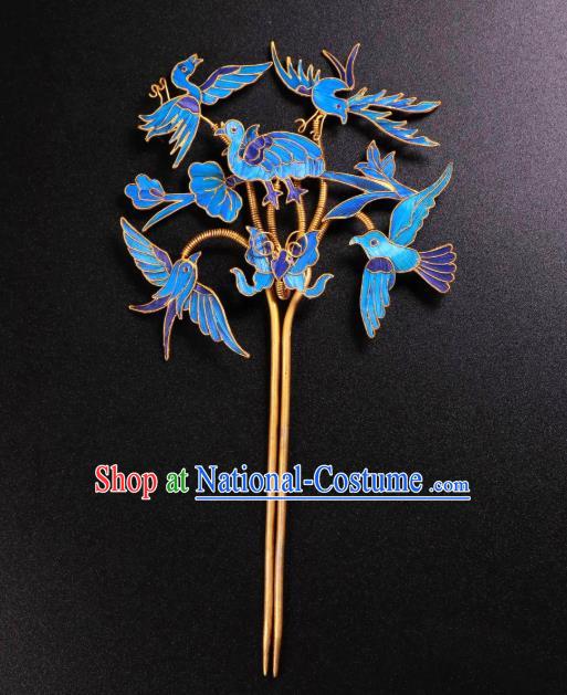 China Handmade Blueing Birds Hair Stick Ancient Qing Dynasty Imperial Consort Hairpin