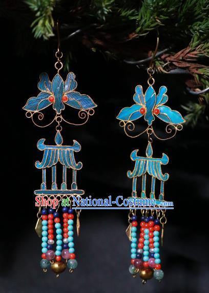 Chinese Ancient Qing Dynasty Blueing Butterfly Ear Accessories Classical Cheongsam Colorful Beads Tassel Earrings Jewelry