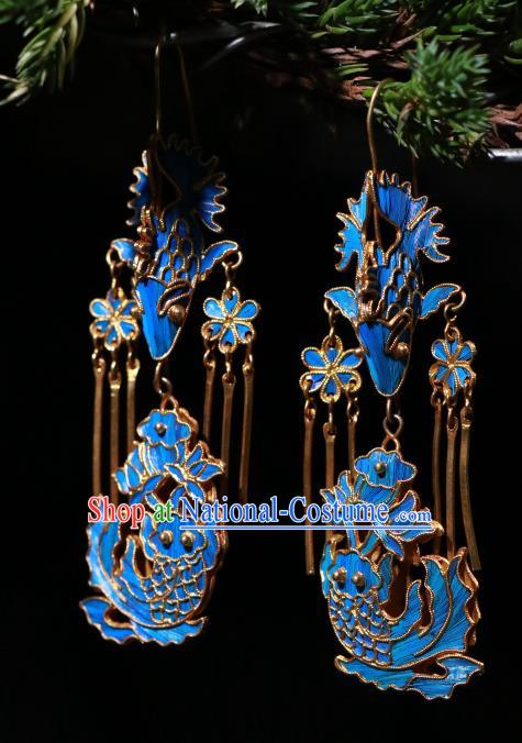 Chinese Classical Cheongsam Earrings Jewelry Ancient Qing Dynasty Blueing Lotus Fish Ear Accessories