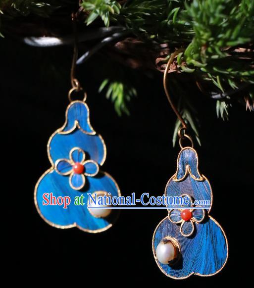 Chinese Ancient Palace Blueing Gourd Ear Accessories Qing Dynasty Earrings Classical Pearl Jewelry