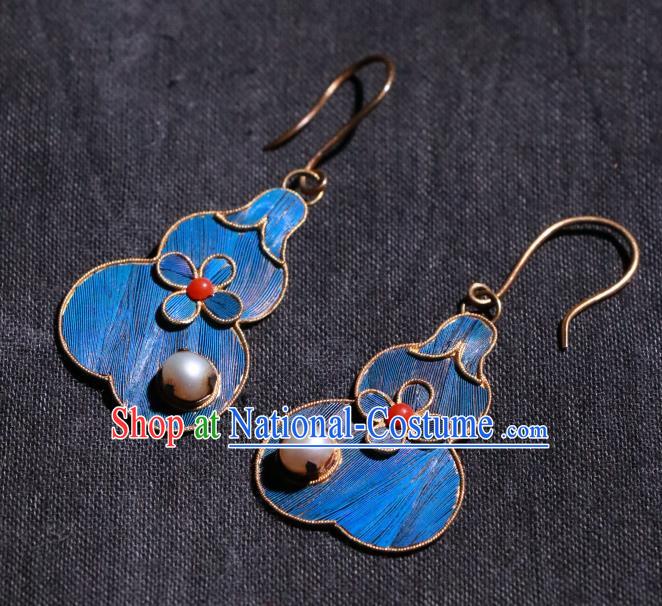 Chinese Ancient Palace Blueing Gourd Ear Accessories Qing Dynasty Earrings Classical Pearl Jewelry