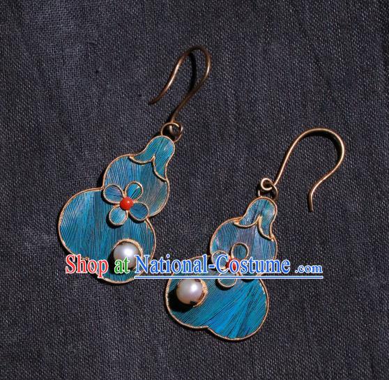 Chinese Ancient Palace Blueing Gourd Ear Accessories Qing Dynasty Earrings Classical Pearl Jewelry