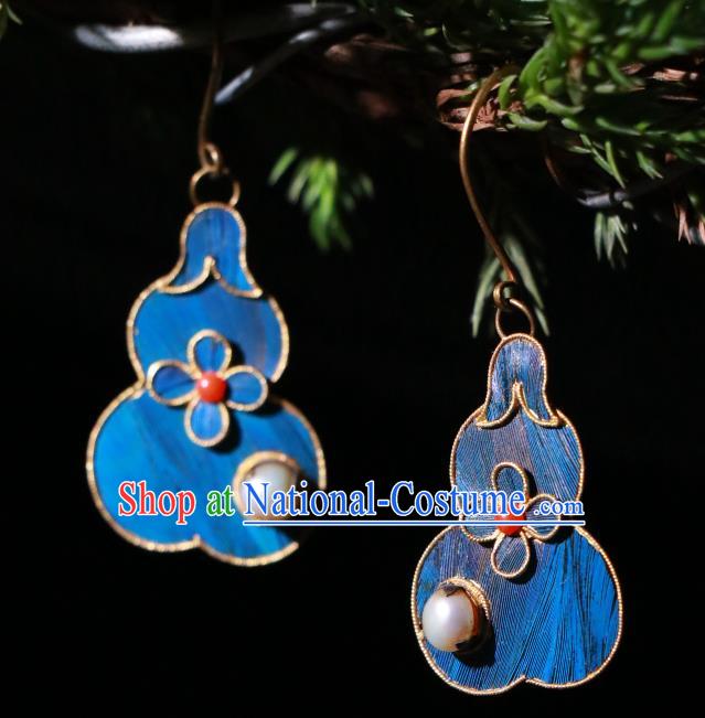 Chinese Ancient Palace Blueing Gourd Ear Accessories Qing Dynasty Earrings Classical Pearl Jewelry