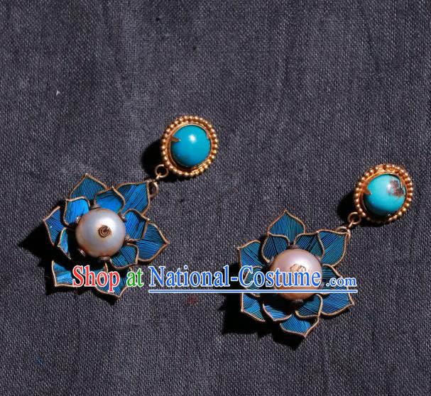 Chinese Classical Pearl Jewelry Qing Dynasty Earrings Ancient Palace Lady Blueing Lotus Ear Accessories