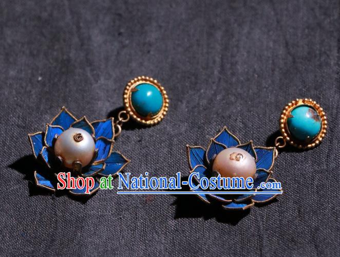 Chinese Classical Pearl Jewelry Qing Dynasty Earrings Ancient Palace Lady Blueing Lotus Ear Accessories