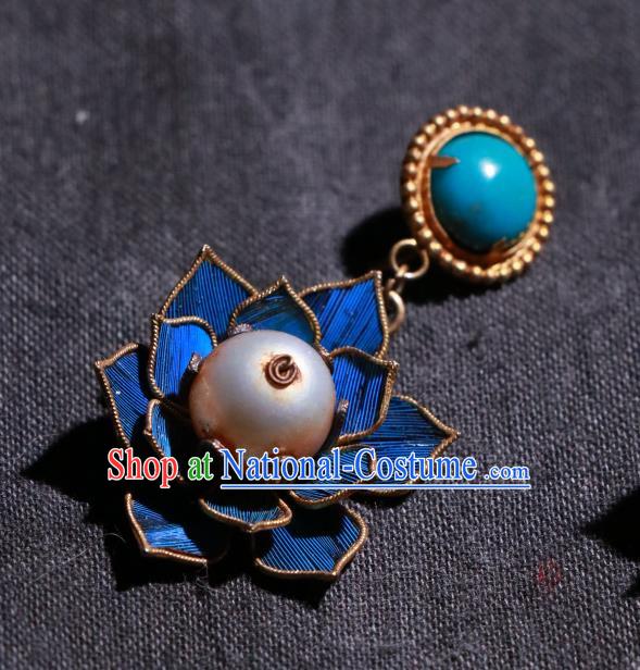 Chinese Classical Pearl Jewelry Qing Dynasty Earrings Ancient Palace Lady Blueing Lotus Ear Accessories