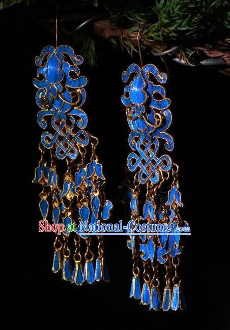 Chinese Qing Dynasty Blueing Lion Earrings Classical Cloisonne Jewelry Ancient Empress Ear Accessories