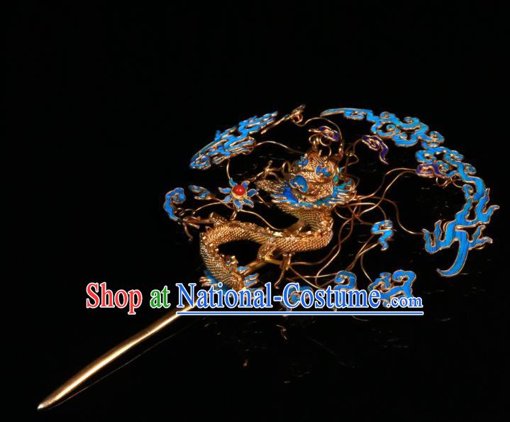 China Handmade Qing Dynasty Blueing Cloud Hairpin Ancient Imperial Consort Filigree Dragon Hair Stick