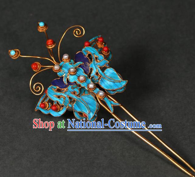 China Handmade Cloisonne Hair Accessories Qing Dynasty Pearls Hairpin Ancient Empress Butterfly Hair Stick