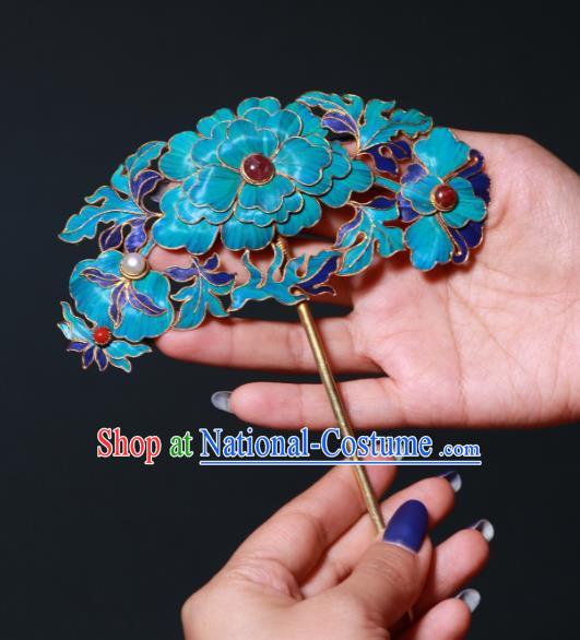 China Traditional Garnet Hair Jewelry Qing Dynasty Empress Hairpin Ancient Court Cloisonne Peony Hair Stick