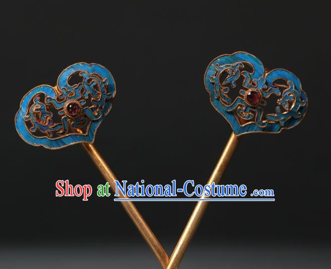 China Ancient Court Cloisonne Hair Stick Traditional Garnet Hair Jewelry Qing Dynasty Empress Hairpin