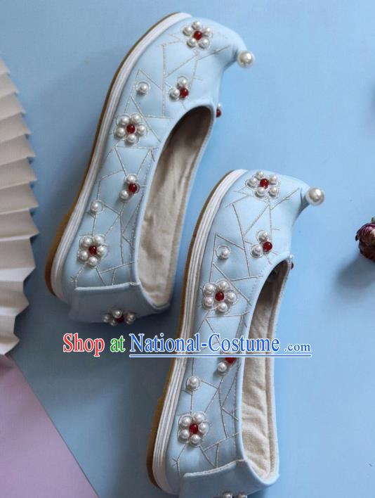 Handmade Chinese Wedding Embroidered Pearls Shoes Traditional Hanfu Shoes Ancient Princess Bow Shoes