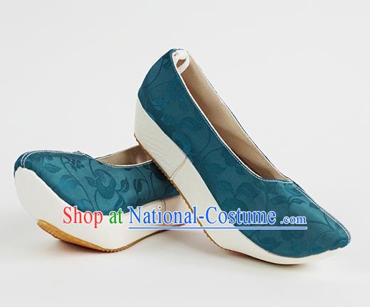 Handmade Chinese Platform Shoes Ancient Song Dynasty Princess Shoes Traditional Hanfu Blue Silk Shoes