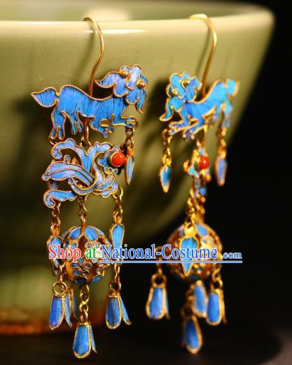 Chinese Classical Wedding Jewelry Qing Dynasty Palace Ear Accessories Ancient Empress Cloisonne Lion Ball Earrings