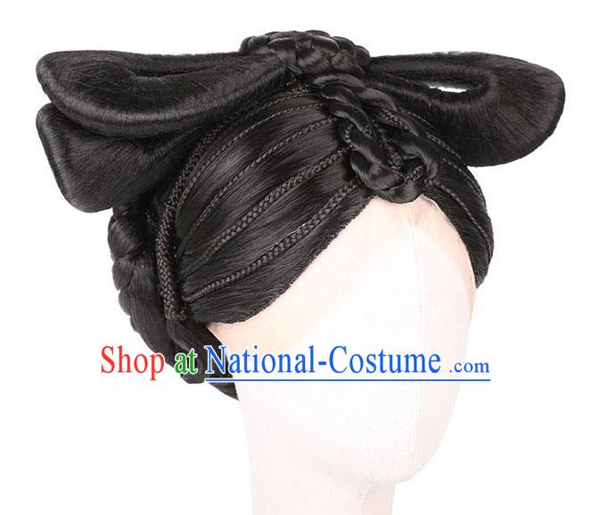 Handmade Chinese Traditional Tang Dynasty Queen Wigs Chignon Ancient Empress Wig Sheath Headwear