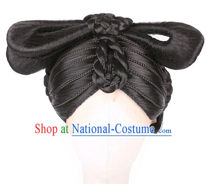 Handmade Chinese Traditional Tang Dynasty Queen Wigs Chignon Ancient Empress Wig Sheath Headwear