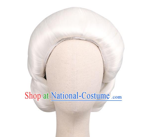 Handmade Chinese Ancient Elderly Woman White Wig Sheath Traditional Ming Dynasty Dowager Countess Wigs Chignon Headwear