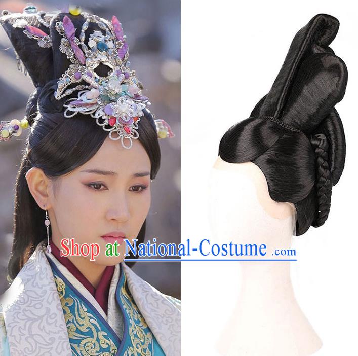 Handmade Chinese Ancient Imperial Consort Wig Sheath Traditional Warring States Period Court Beauty Wigs Chignon Headwear