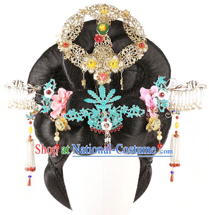 Handmade Chinese Ancient Queen Wu Zetian Wig Sheath Traditional Tang Dynasty Empress Wigs Chignon and Hair Accessories