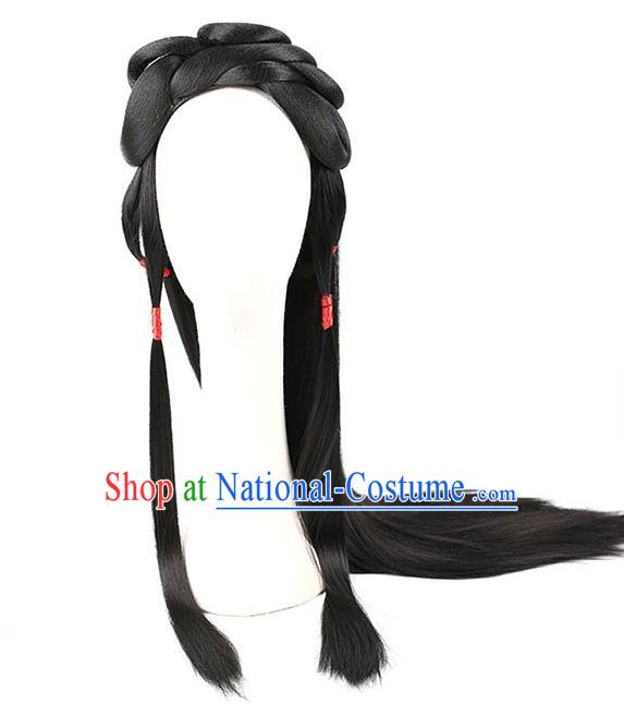 Handmade Chinese Ancient Palace Princess Wig Sheath Traditional Ming Dynasty Female Swordsman Wigs Chignon