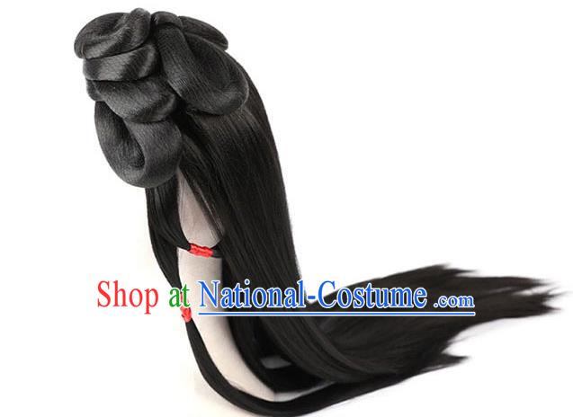 Handmade Chinese Ancient Palace Princess Wig Sheath Traditional Ming Dynasty Female Swordsman Wigs Chignon