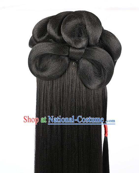 Handmade Chinese Ancient Palace Princess Wig Sheath Traditional Ming Dynasty Female Swordsman Wigs Chignon