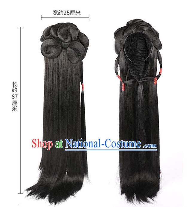 Handmade Chinese Ancient Palace Princess Wig Sheath Traditional Ming Dynasty Female Swordsman Wigs Chignon