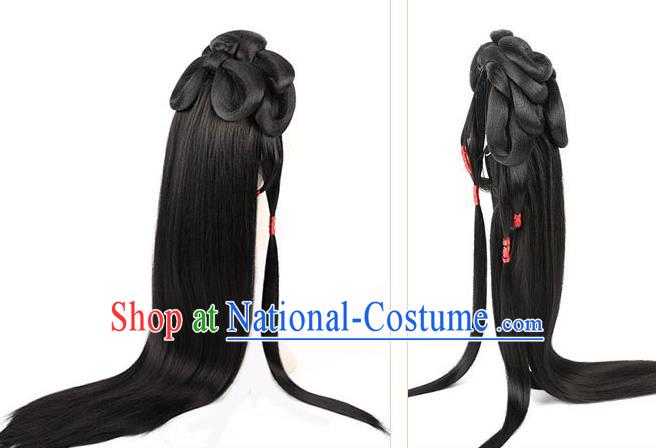 Handmade Chinese Ancient Palace Princess Wig Sheath Traditional Ming Dynasty Female Swordsman Wigs Chignon