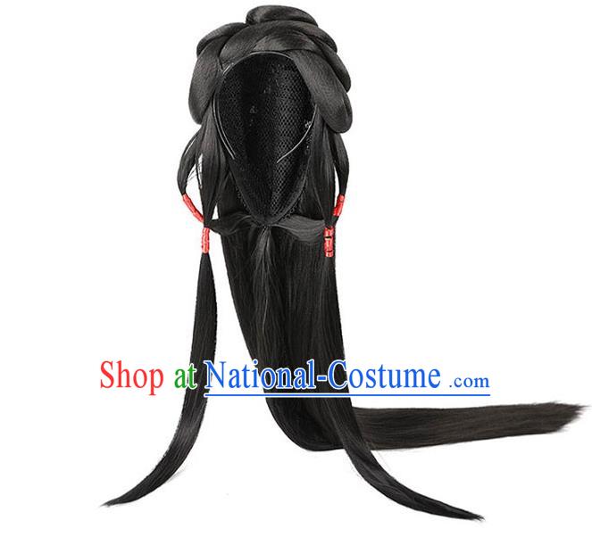 Handmade Chinese Ancient Palace Princess Wig Sheath Traditional Ming Dynasty Female Swordsman Wigs Chignon