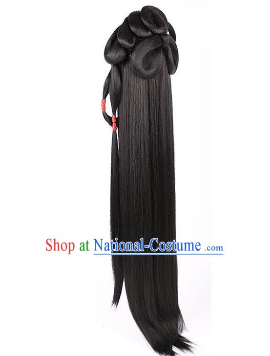 Handmade Chinese Ancient Palace Princess Wig Sheath Traditional Ming Dynasty Female Swordsman Wigs Chignon