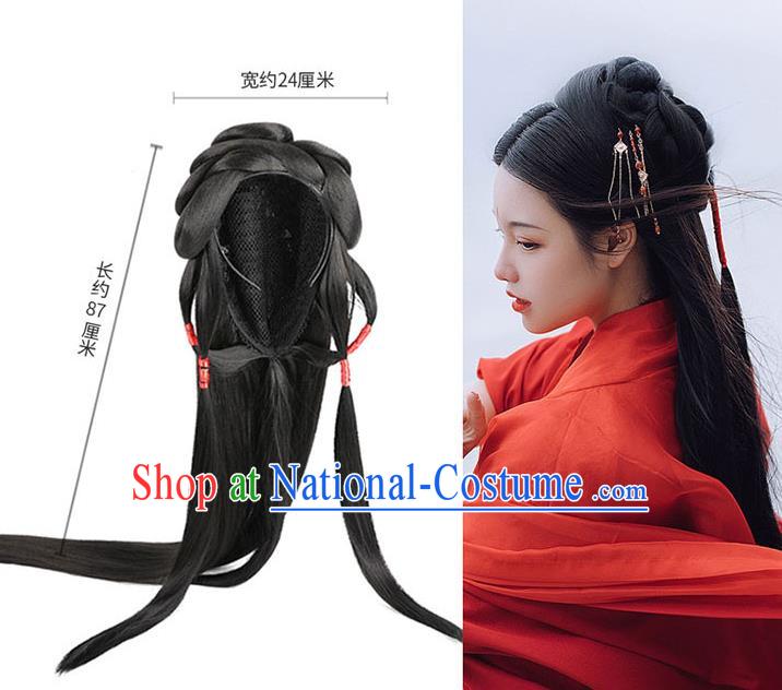 Handmade Chinese Ancient Palace Princess Wig Sheath Traditional Ming Dynasty Female Swordsman Wigs Chignon