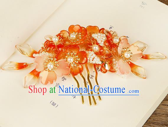 China Ming Dynasty Princess Hair Comb Traditional Ancient Young Lady Red Flowers Hairpin Hair Jewelry