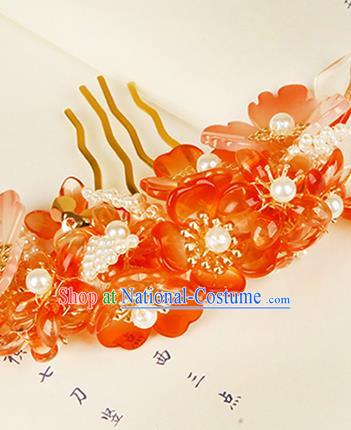 China Ming Dynasty Princess Hair Comb Traditional Ancient Young Lady Red Flowers Hairpin Hair Jewelry