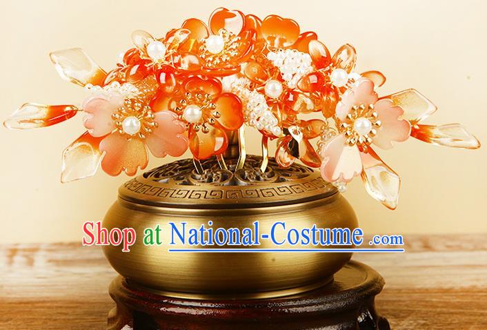 China Ming Dynasty Princess Hair Comb Traditional Ancient Young Lady Red Flowers Hairpin Hair Jewelry