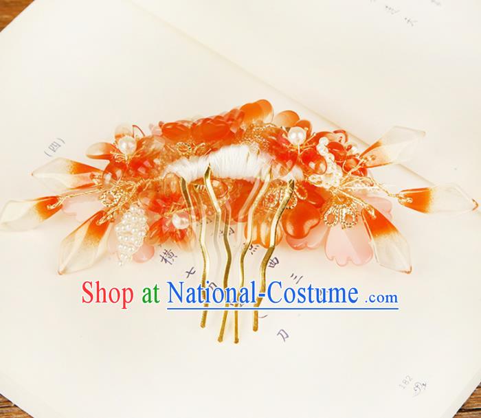 China Ming Dynasty Princess Hair Comb Traditional Ancient Young Lady Red Flowers Hairpin Hair Jewelry