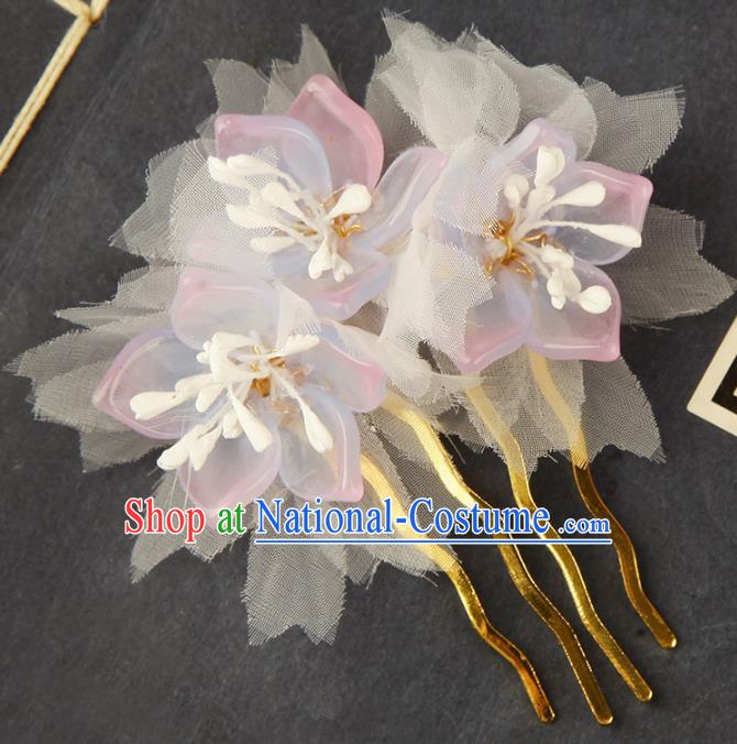 China Ming Dynasty Young Lady Hair Comb Traditional Ancient Court Hair Jewelry Pink Peach Blossom Hairpin