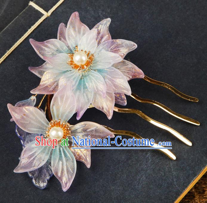 China Traditional Ancient Court Hair Jewelry Hairpin Ming Dynasty Young Lady Pink Lily Flowers Hair Comb