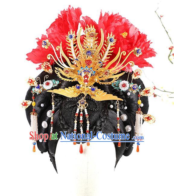 Chinese Ancient Queen Wig Sheath Traditional Tang Dynasty Empress Wu Zetian Wigs Chignon and Hair Jewelry