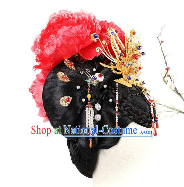 Chinese Ancient Queen Wig Sheath Traditional Tang Dynasty Empress Wu Zetian Wigs Chignon and Hair Jewelry