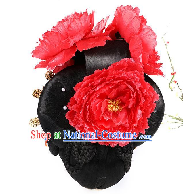 Chinese Ancient Queen Wig Sheath Traditional Tang Dynasty Empress Wu Zetian Wigs Chignon and Hair Jewelry