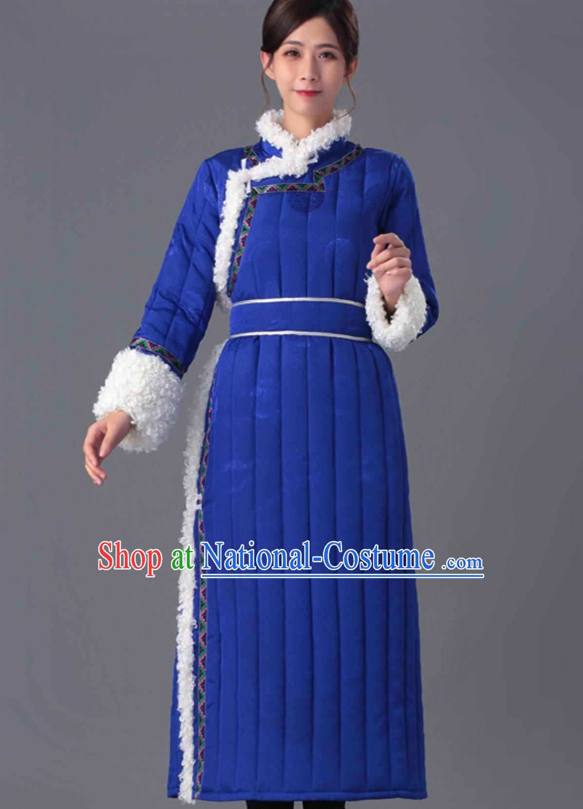 Top Chinese Traditional Mongol Minority Ethnic Costume Blue  Fabric Mongolian Garment for Women