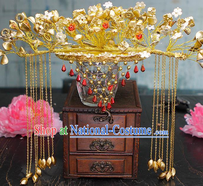 China Traditional Wedding Hair Accessories Ancient Bride Golden Phoenix Coronet Headpieces