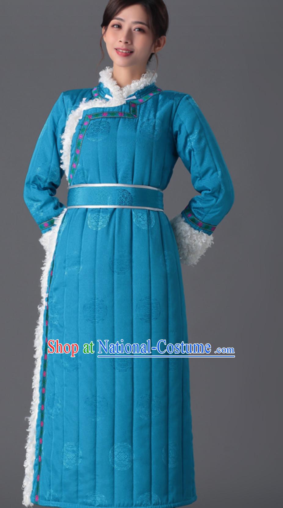 Top Chinese Traditional Mongol Minority Ethnic Costume Blue Fabric Mongolian Dresses for Women