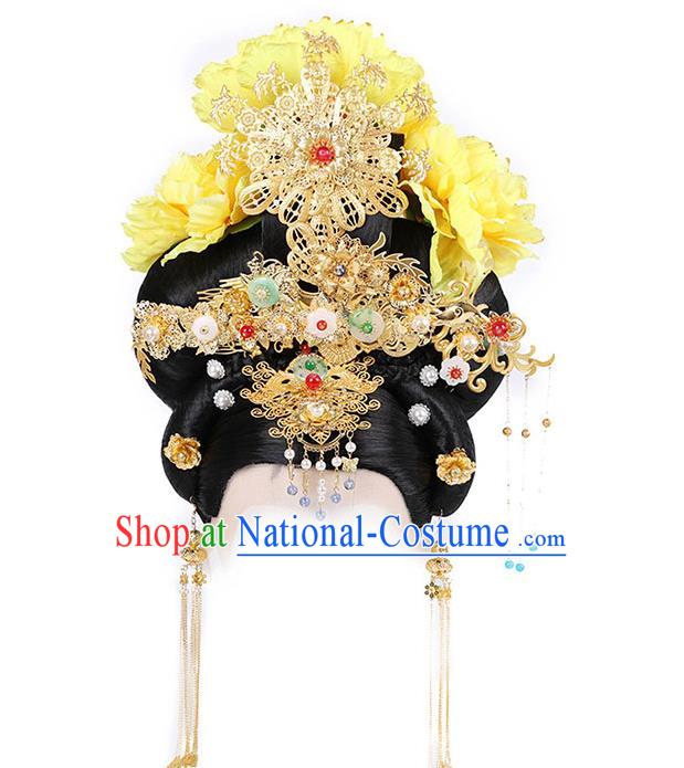 Chinese Ancient Court Woman Wig Sheath Traditional Tang Dynasty Wigs Chignon and Hair Accessories