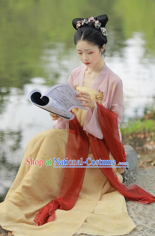 China Ancient Village Girl Hanfu Clothing Traditional Tang Dynasty Young Beauty Historical Costume