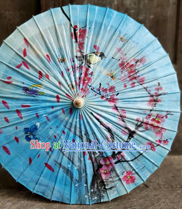 Traditional China Blue Bumbershoot Paper Umbrella Handmade Umbrellas Painting Plum Blossom Umbrella