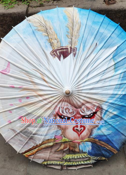 Traditional China Blue Oil Paper Umbrella Handmade Umbrellas Artware Painting Monkey King Umbrella