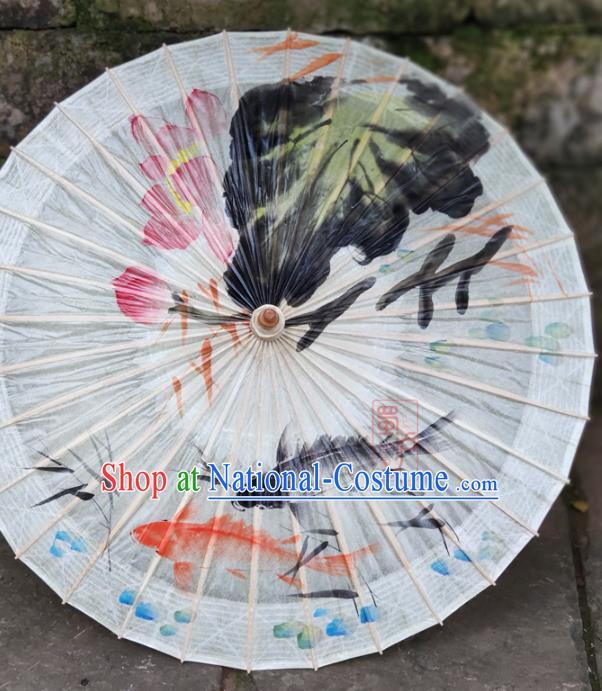 Traditional China White Oil Paper Umbrella Handmade Umbrellas Artware Ink Painting Lotus Fishes Umbrella